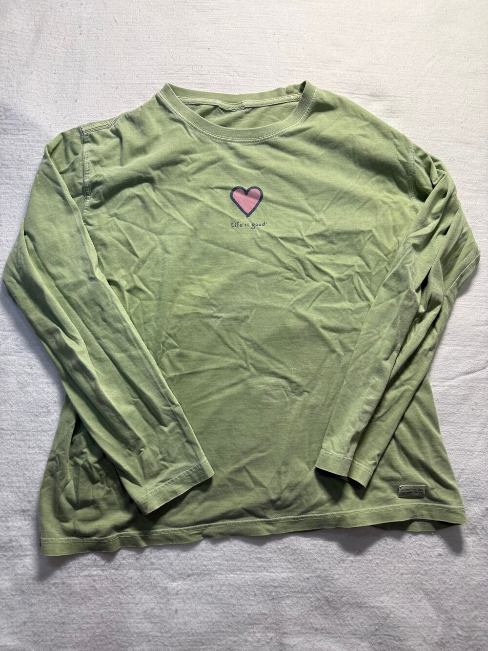 Life is Good Pink Heart Graphic Long Sleeve T-Shirt (Green)
